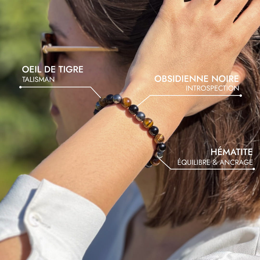 Bracelet "3 Protections" en Oeil de Tigre, Hématite & Obsidienne Noire