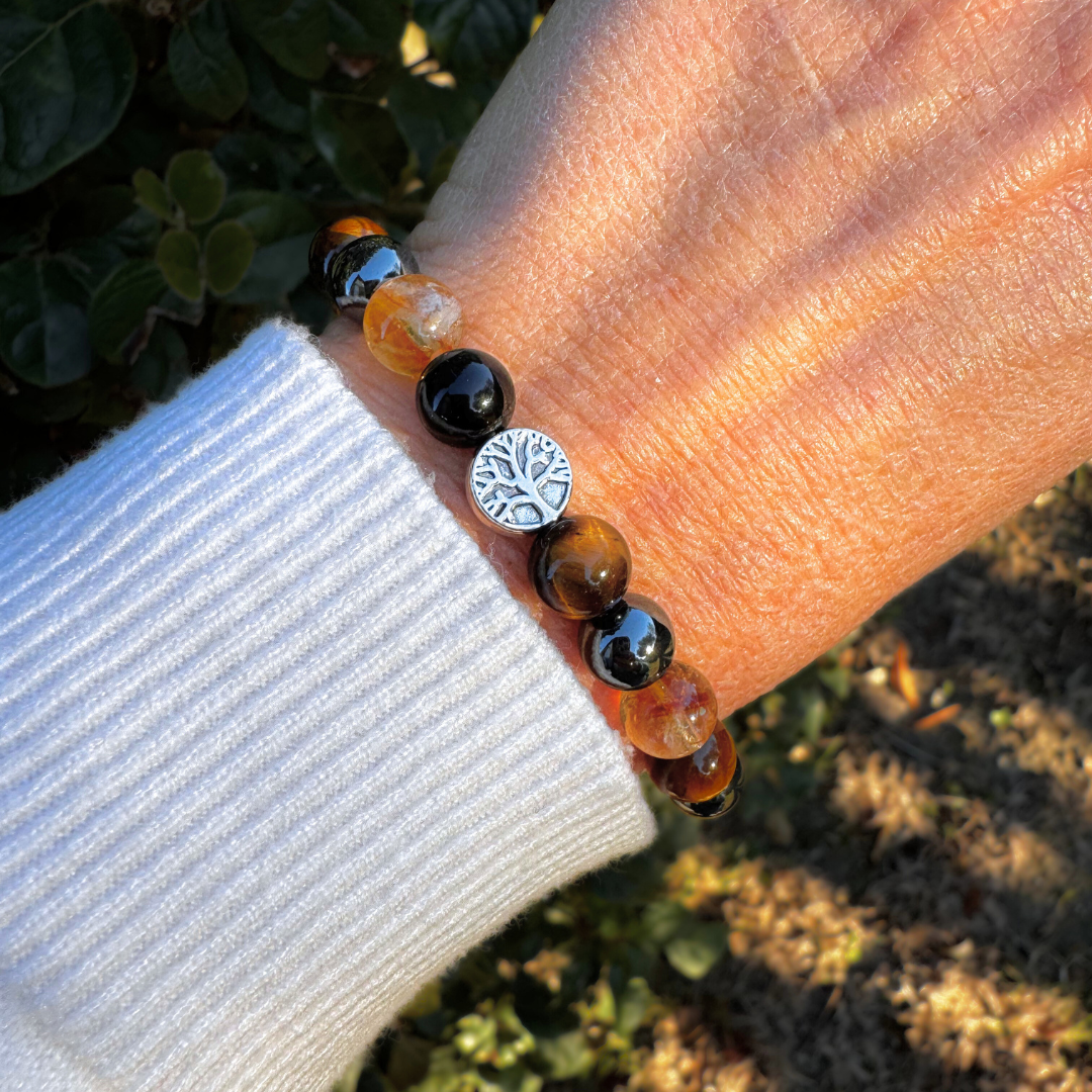 Bracelet "Force & Lumière" en Oeil de Tigre, Citrine, Hématite & Obsidienne