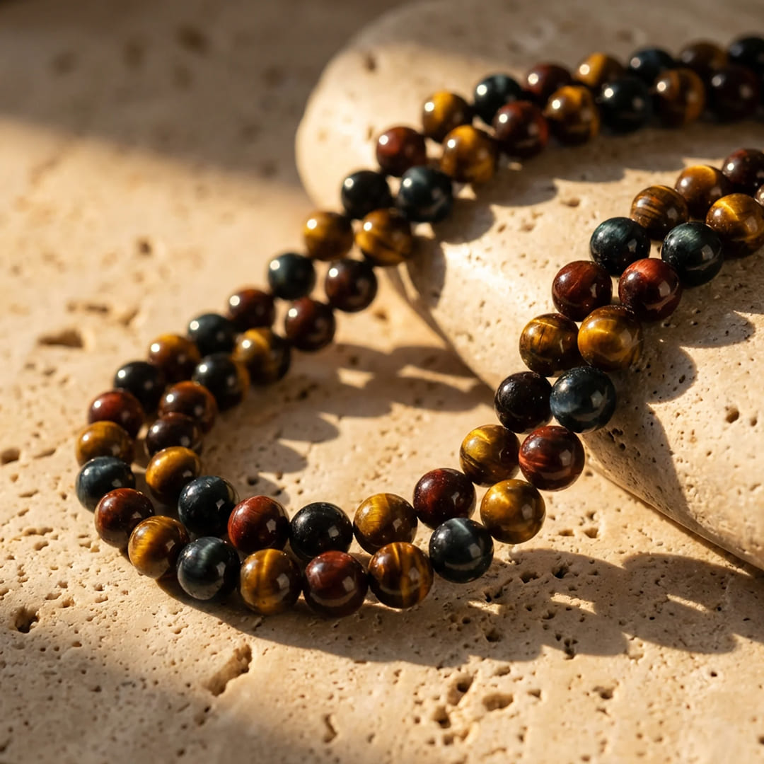 Collier "Oeil Multiple" en Oeil de Tigre, Oeil de Faucon & Oeil de Taureau