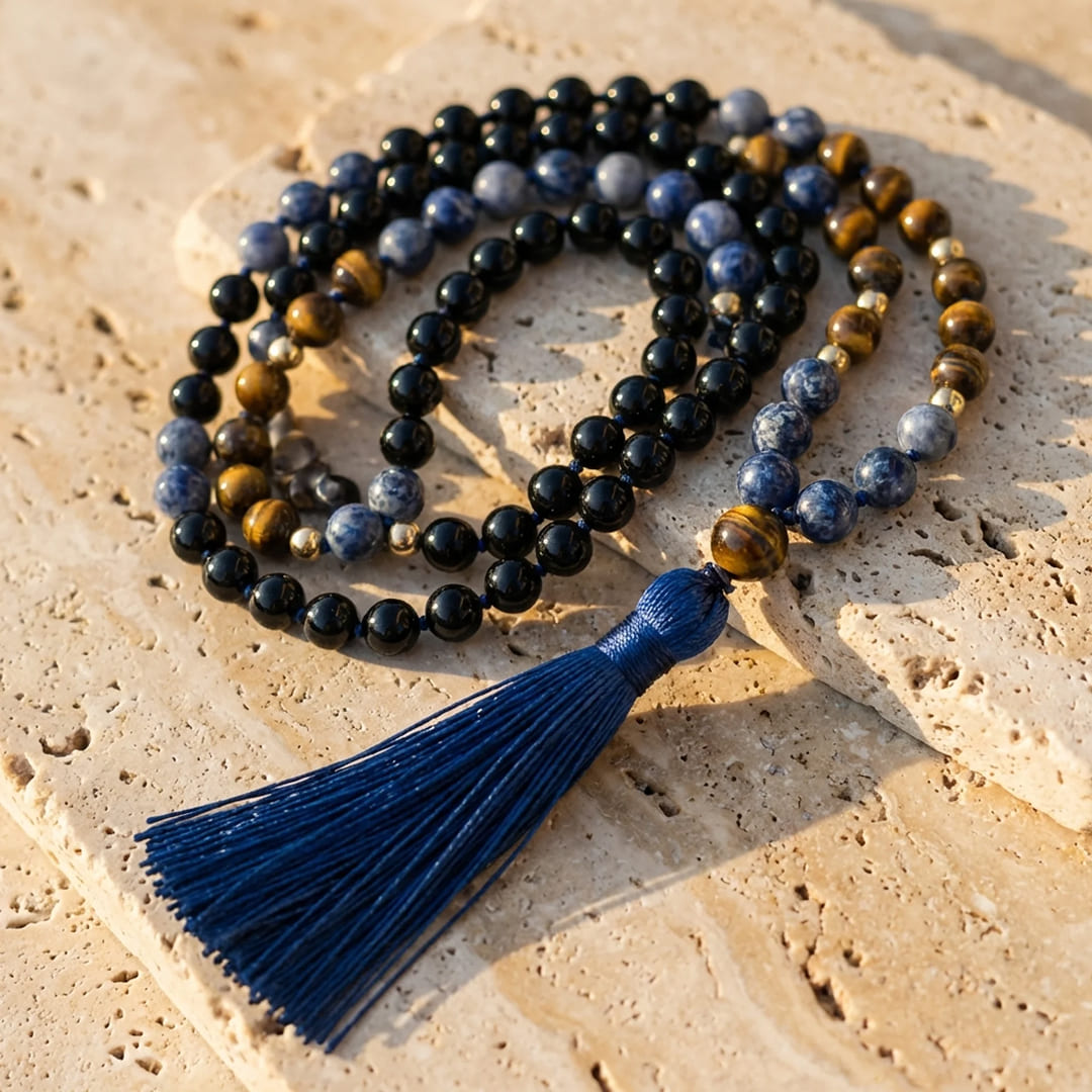 Collier Mala en Sodalite, Œil de Tigre & Onyx Noir