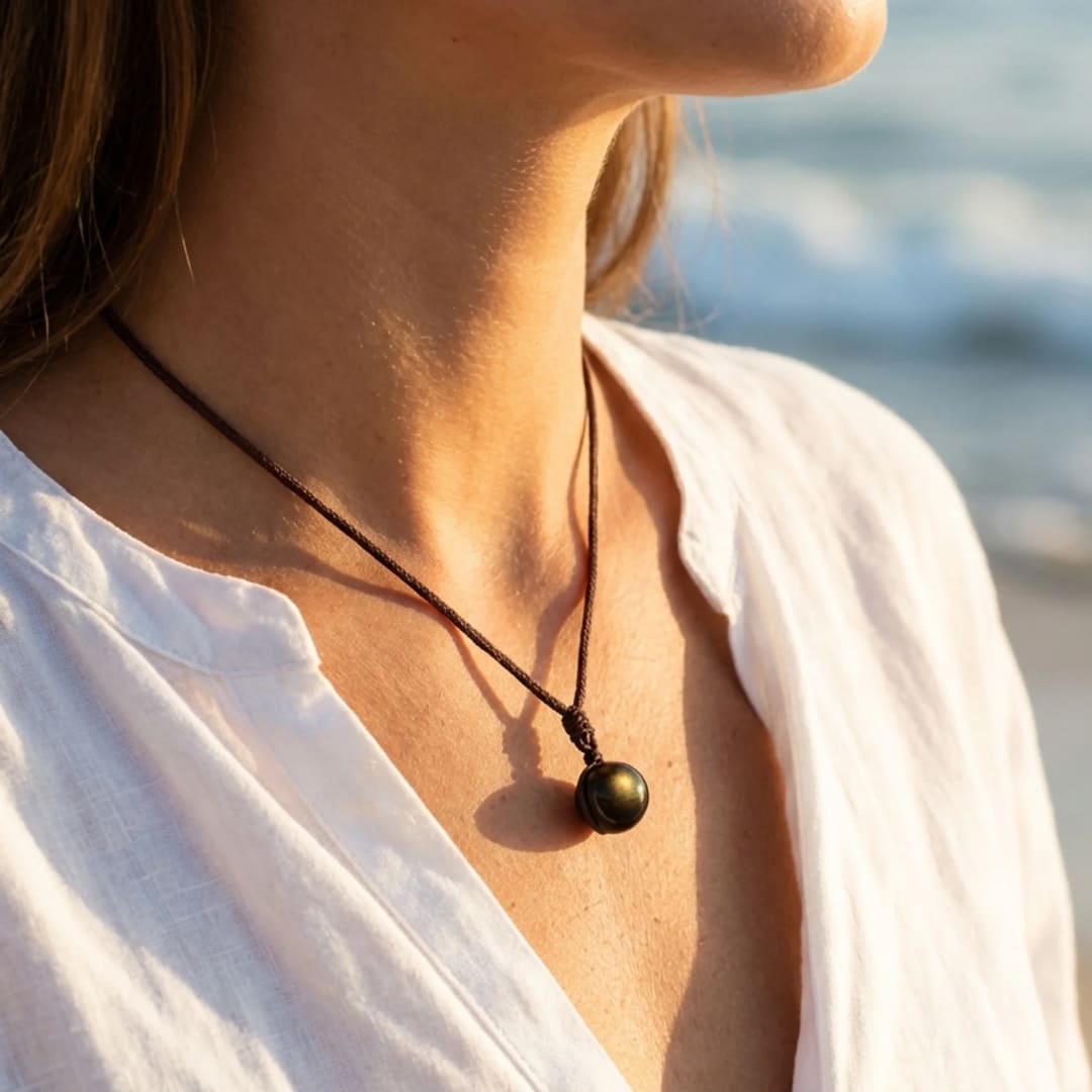 Pendentif "Sphère" en Obsidienne Dorée