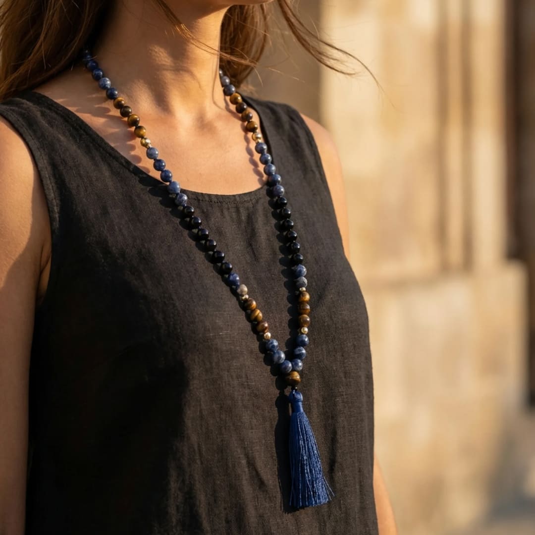 Collier Mala en Sodalite, Œil de Tigre & Onyx Noir