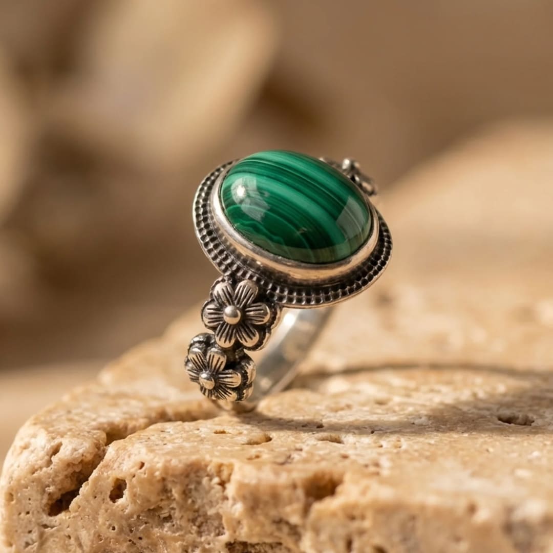Bague "Fleur de Transformation" en Malachite