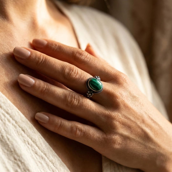 Bague "Fleur de Transformation" en Malachite