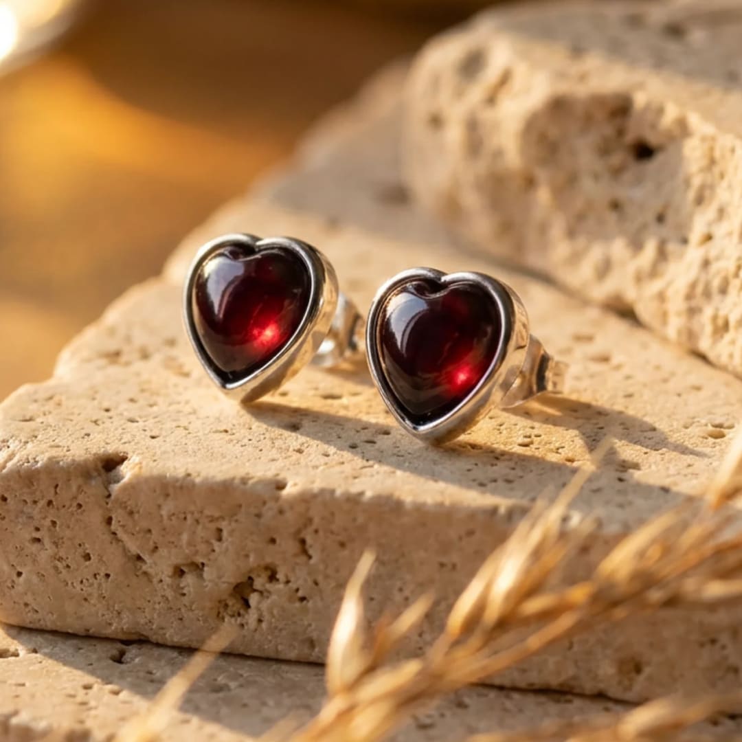 Boucles d'Oreilles "Coeur Passion" en Grenat & Métal Argenté