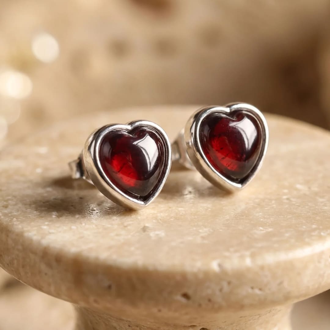Boucles d'Oreilles "Coeur Passion" en Grenat & Métal Argenté