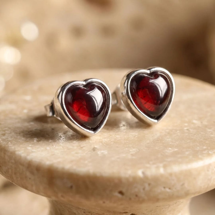 Boucles d'Oreilles "Coeur Passion" en Grenat & Métal Argenté