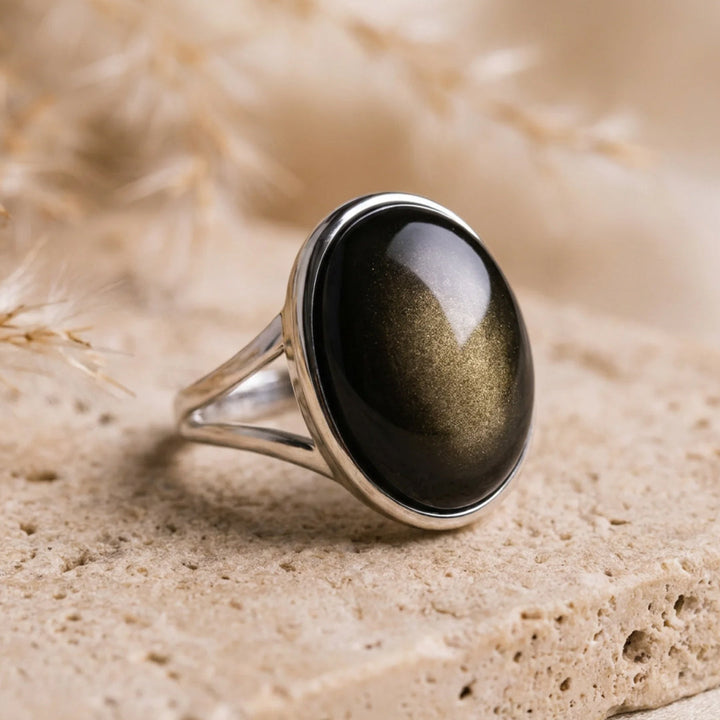 Bague Ajustable "Aura" en Obsidienne Dorée