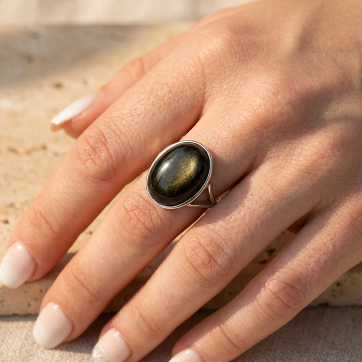Bague Ajustable "Aura" en Obsidienne Dorée