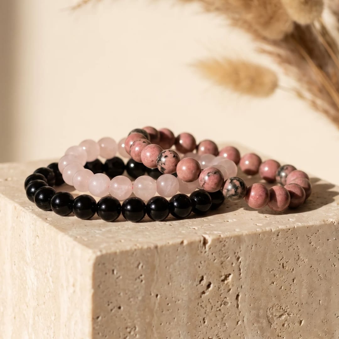 Trio de Bracelets "Paix et Equilibre" en Onyx, Quartz Rose & Rhodonite