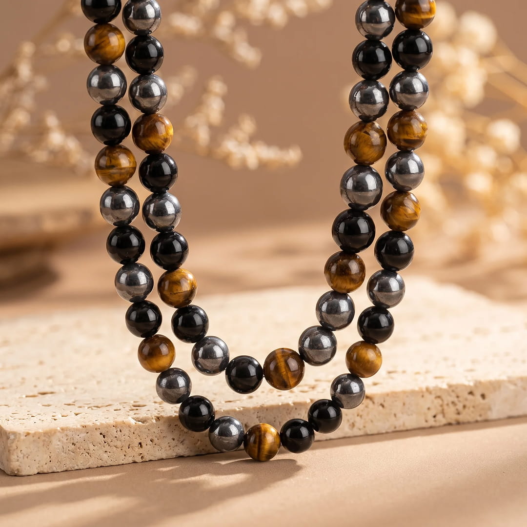 Collier "3 Protections" en Hématite, Obsidienne & Oeil de Tigre