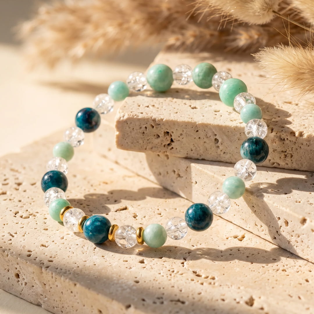 Bracelet "Rêve de Lagon" en Amazonite, Apatite & Cristal de Roche Craquelé