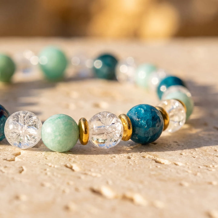 Bracelet "Rêve de Lagon" en Amazonite, Apatite & Cristal de Roche Craquelé