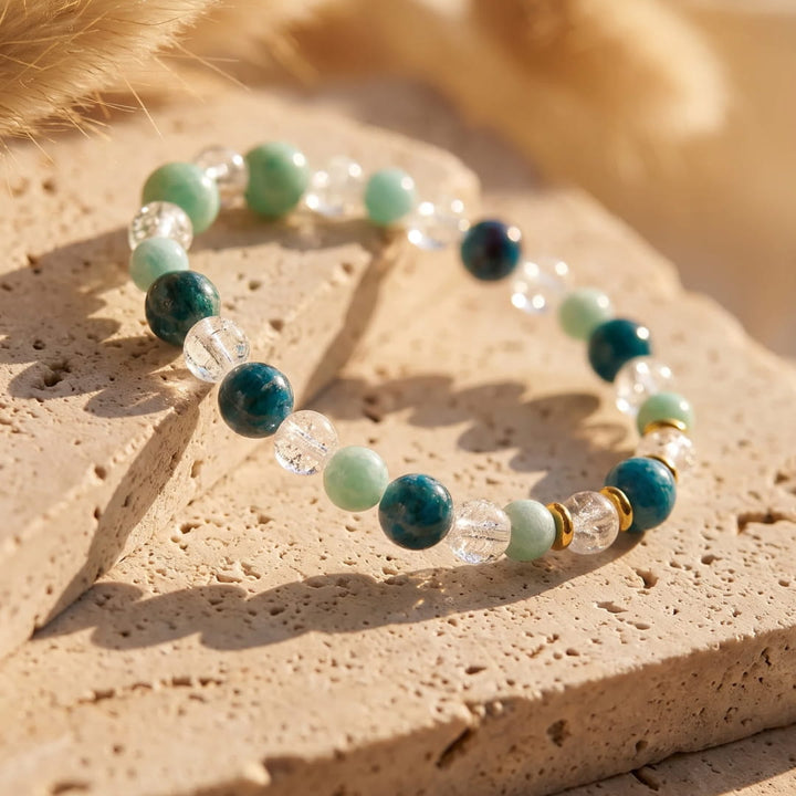 Bracelet "Rêve de Lagon" en Amazonite, Apatite & Cristal de Roche Craquelé