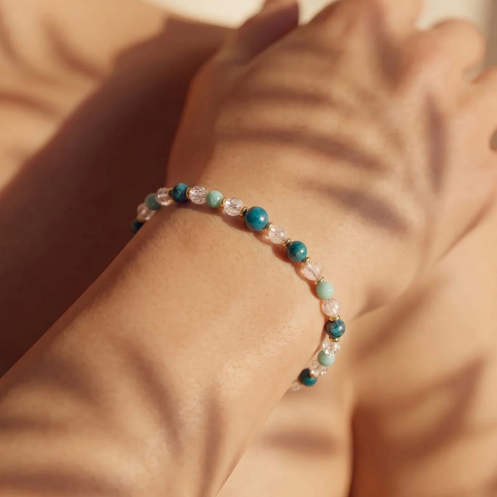 Bracelet "Rêve de Lagon" en Amazonite, Apatite & Cristal de Roche Craquelé