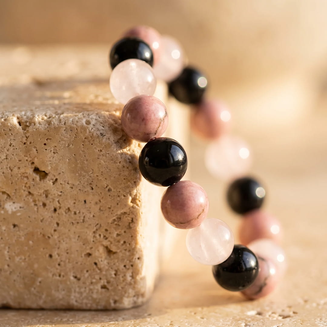 Bracelet  "Accord Parfait" en Tourmaline noire, Rhodonite & Quartz rose