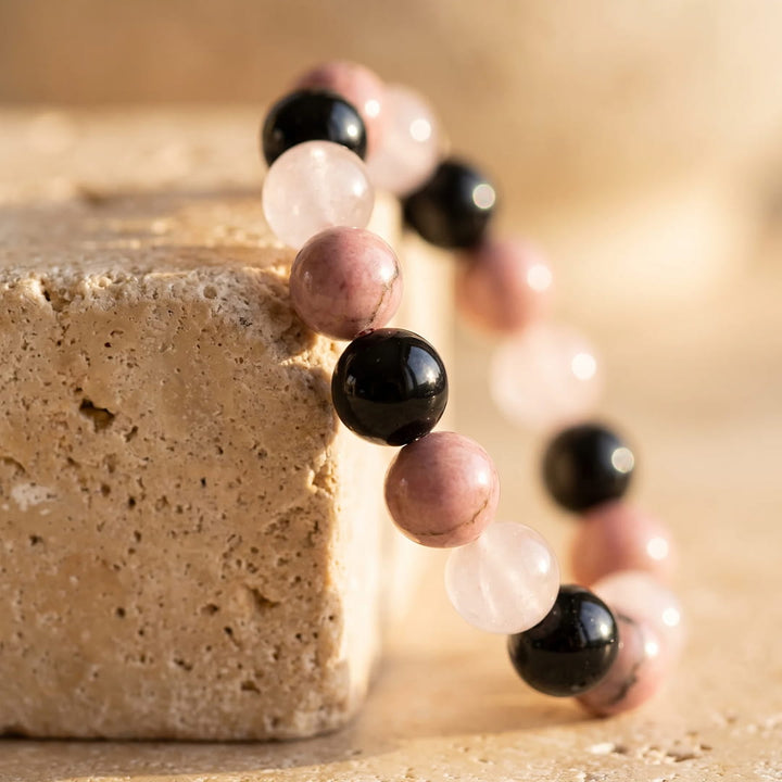 Bracelet  "Accord Parfait" en Tourmaline noire, Rhodonite & Quartz rose