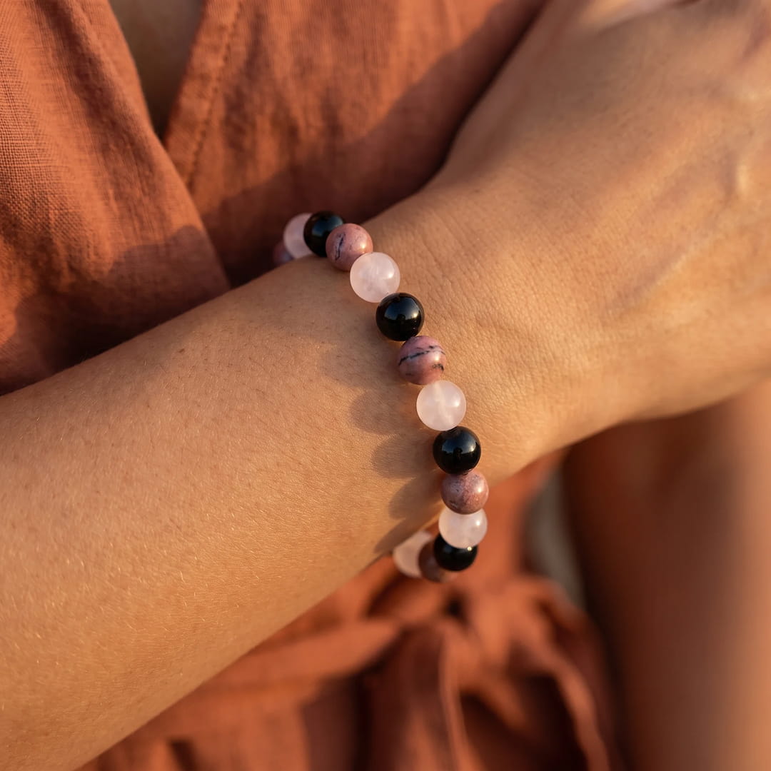 Bracelet  "Accord Parfait" en Tourmaline noire, Rhodonite & Quartz rose