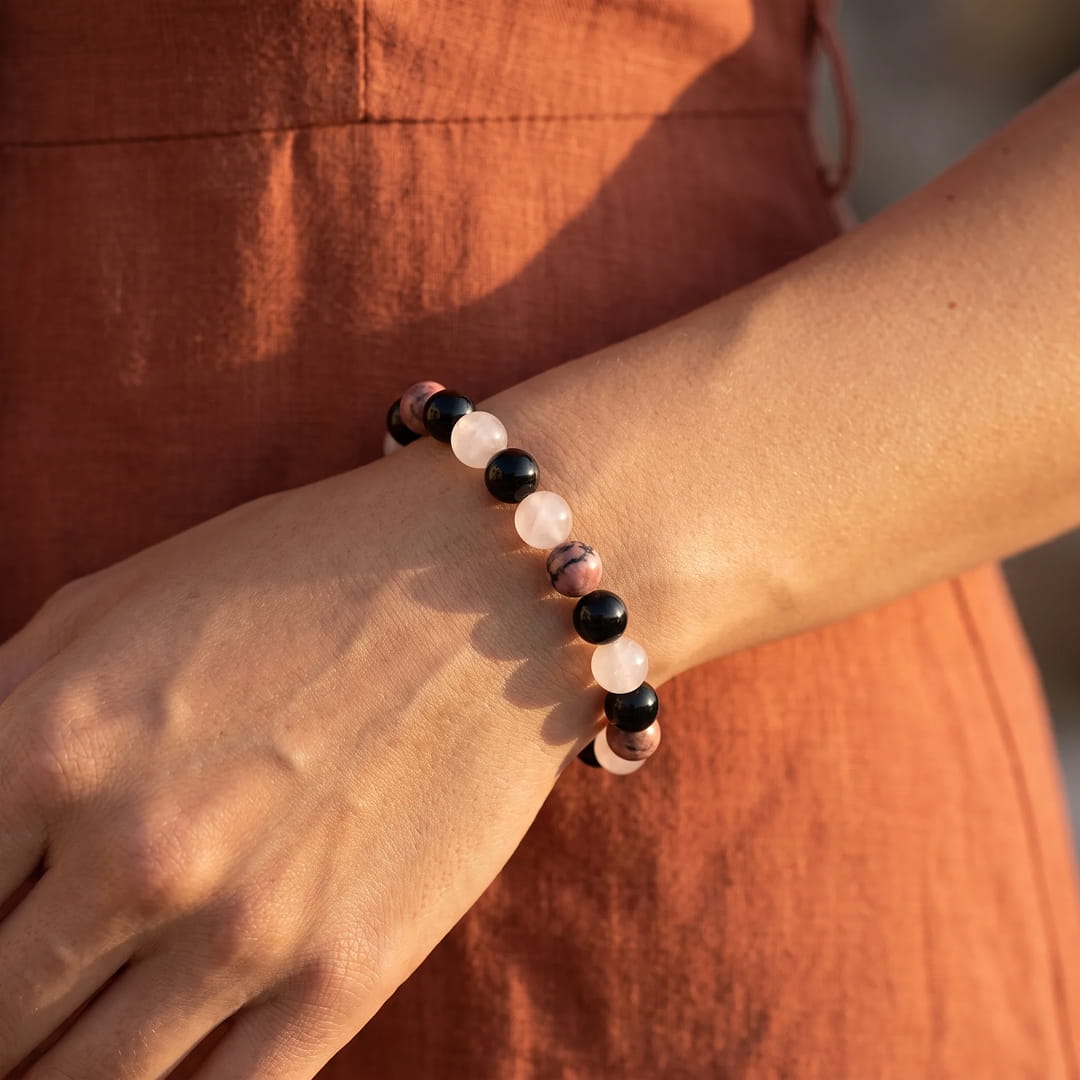 Bracelet  "Accord Parfait" en Tourmaline noire, Rhodonite & Quartz rose