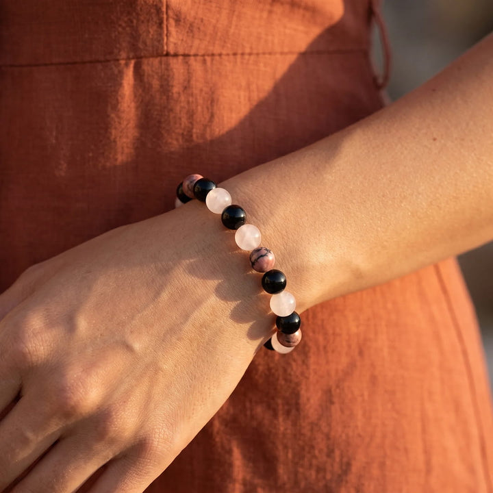 Bracelet  "Accord Parfait" en Tourmaline noire, Rhodonite & Quartz rose