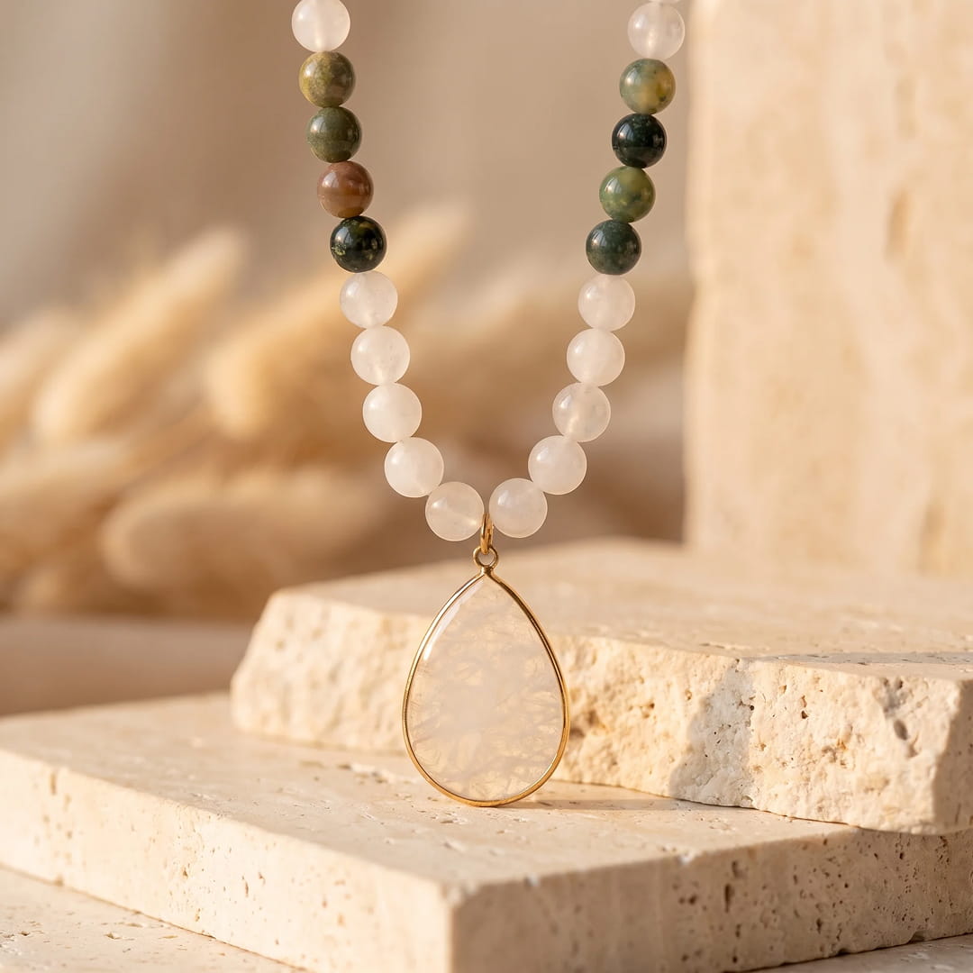 Collier Mala "Chemin de Lumière" en Agate Indienne & Quartz Blanc