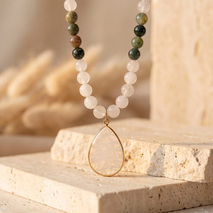 Collier Mala "Chemin de Lumière" en Agate Indienne & Quartz Blanc