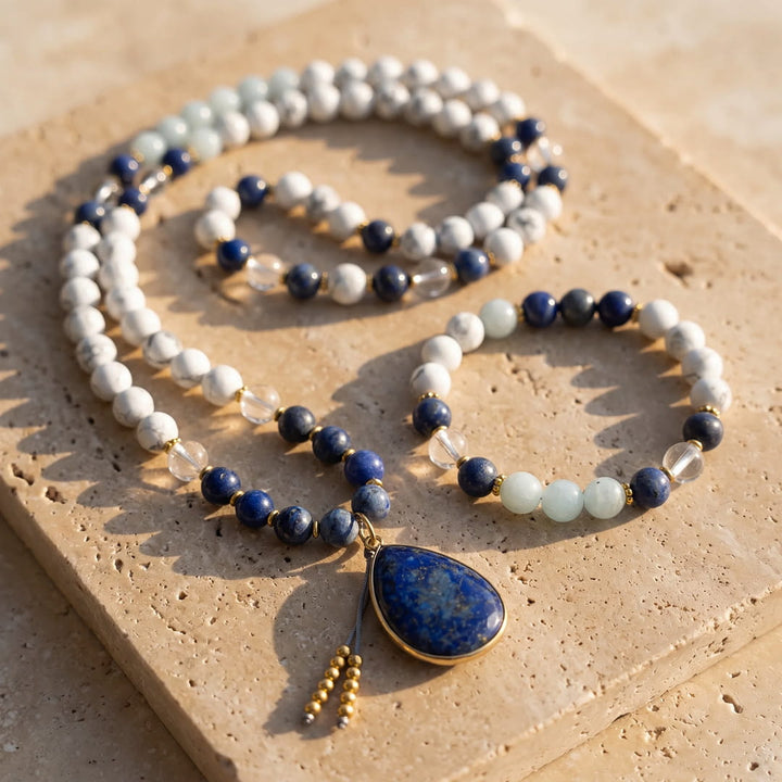 Collier Mala "Sérénité Bleue" en Lapis-Lazuli, Aigue-Marine & Howlite