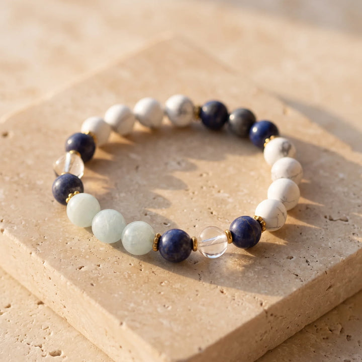 Collier Mala "Sérénité Bleue" en Lapis-Lazuli, Aigue-Marine & Howlite