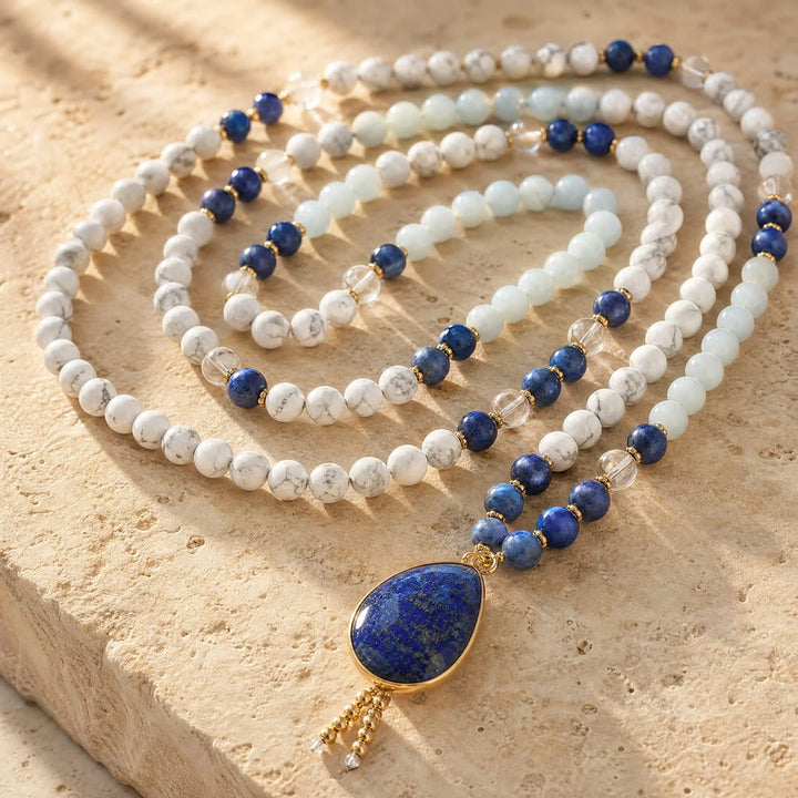Collier Mala "Sérénité Bleue" en Lapis-Lazuli, Aigue-Marine & Howlite