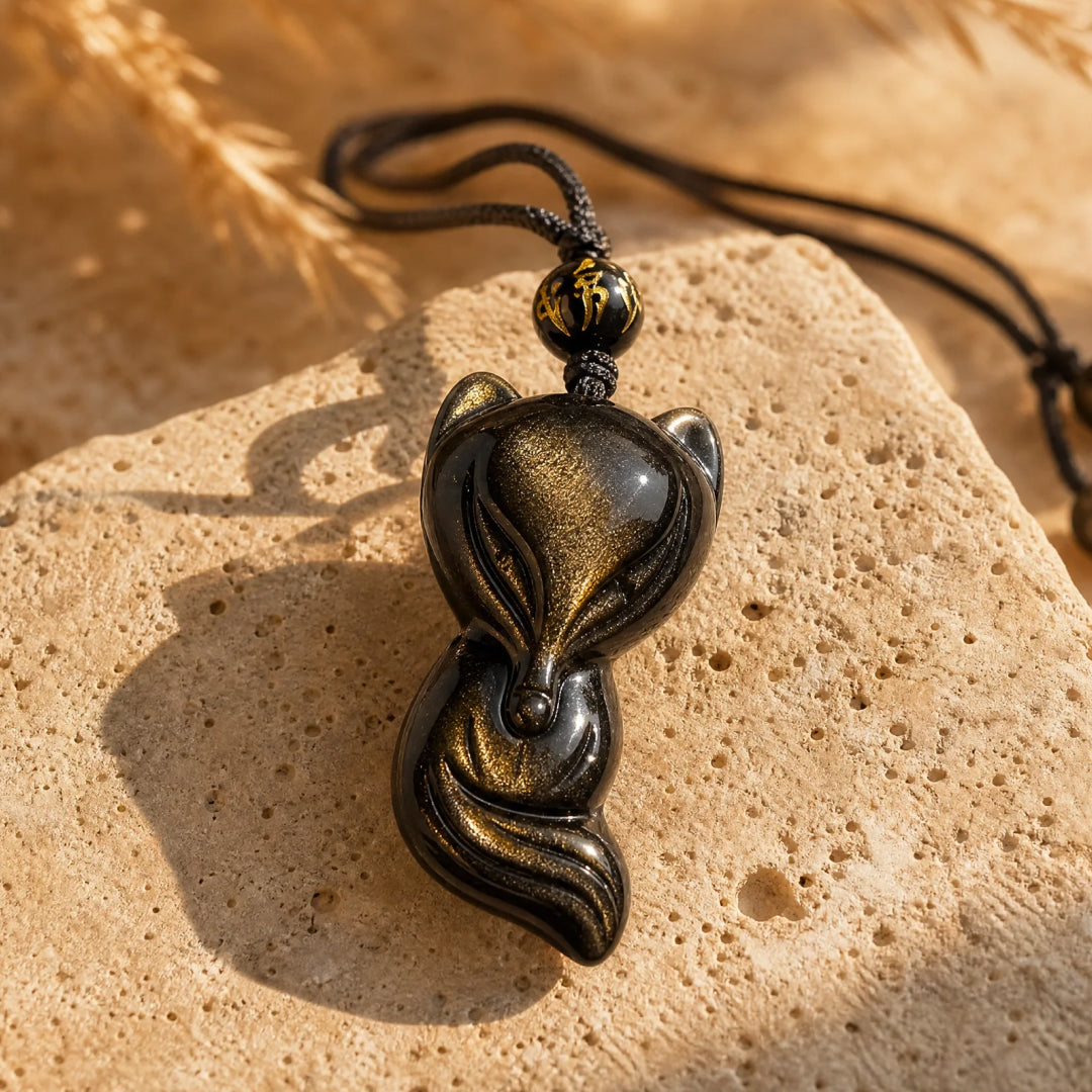Pendentif "Renard Sage" en Obsidienne Dorée