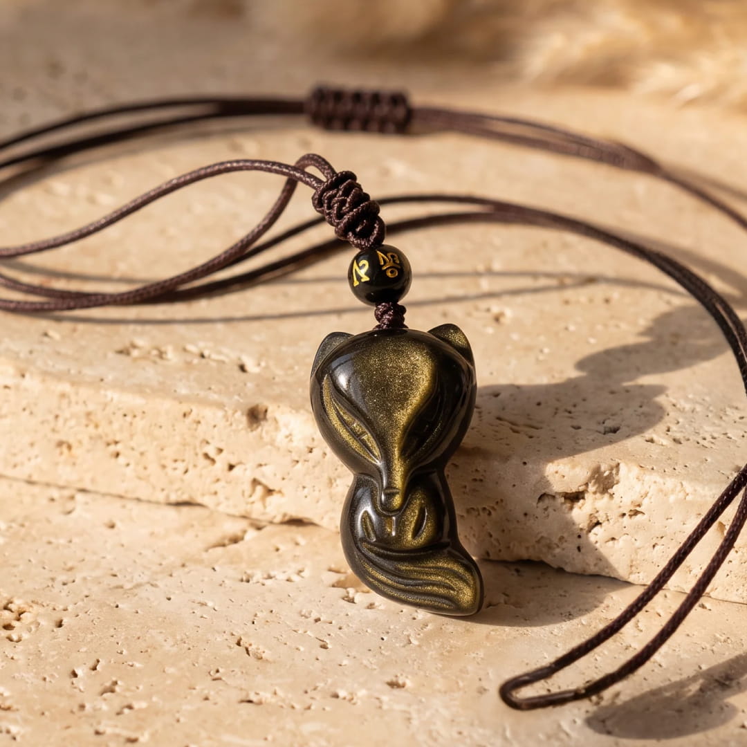 Pendentif "Renard Sage" en Obsidienne Dorée