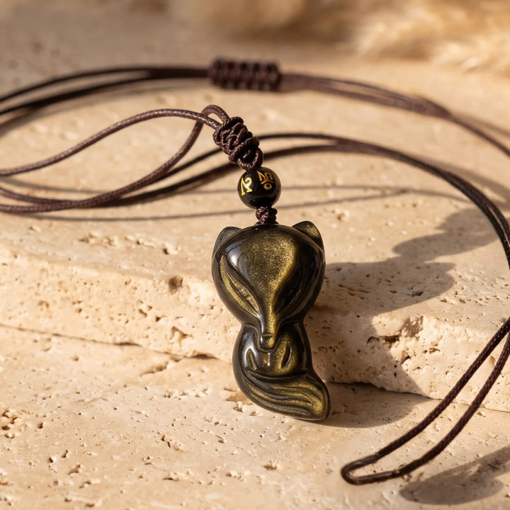 Pendentif "Renard Sage" en Obsidienne Dorée