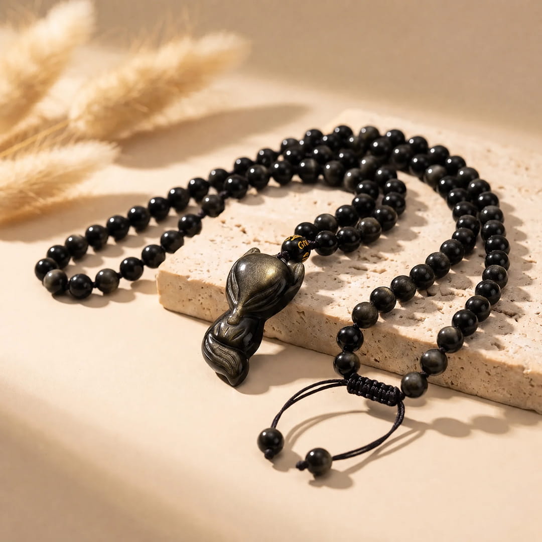 Pendentif "Renard Sage" en Obsidienne Dorée