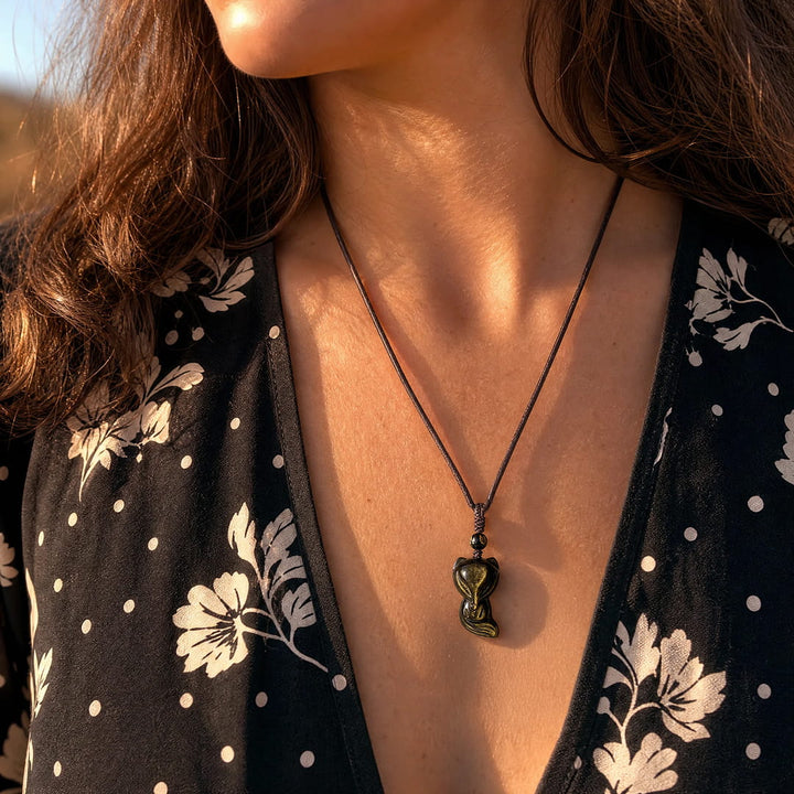 Pendentif "Renard Sage" en Obsidienne Dorée