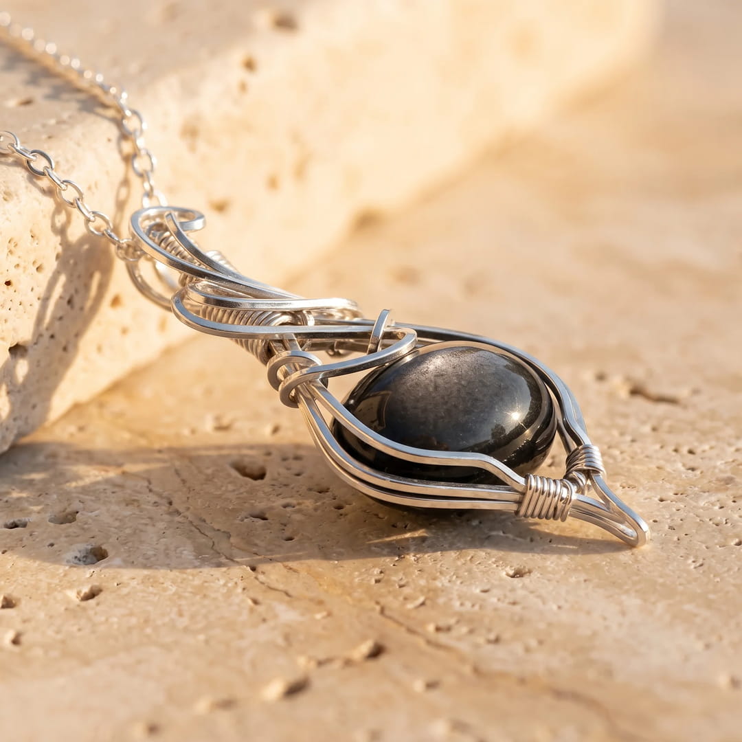Pendentif « Sérénité Nocturne » en Obsidienne Argentée