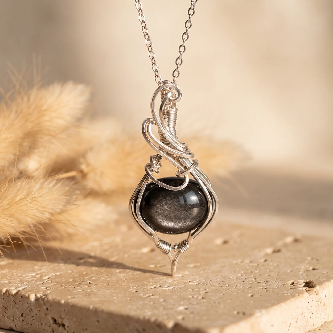 Pendentif « Sérénité Nocturne » en Obsidienne Argentée