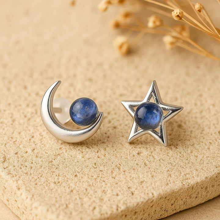 Boucles d'Oreilles "Lune Étoile" en Labradorite & Métal Argenté