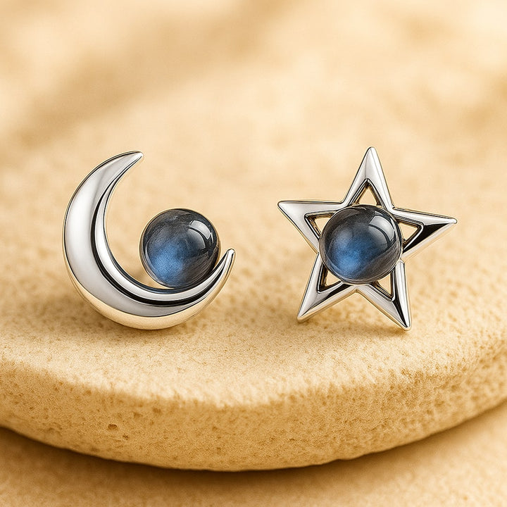 Boucles d'Oreilles "Lune Étoile" en Labradorite & Métal Argenté