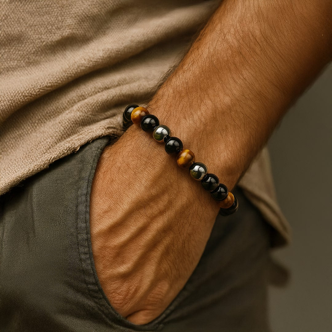 Bracelet "3 Protections" en Oeil de Tigre, Hématite & Obsidienne Noire