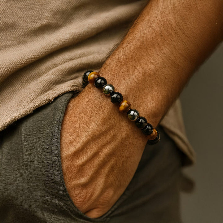 Bracelet "3 Protections" en Oeil de Tigre, Hématite & Obsidienne Noire
