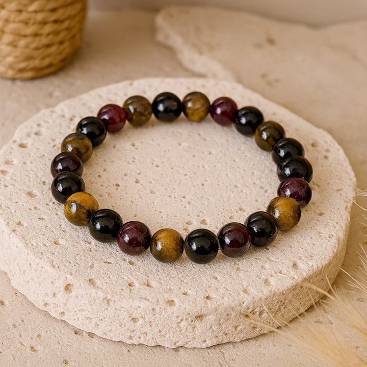 Bracelet "Réussite & Protection" en Oeil de Tigre, Grenat, Tourmaline & Quartz Fumé