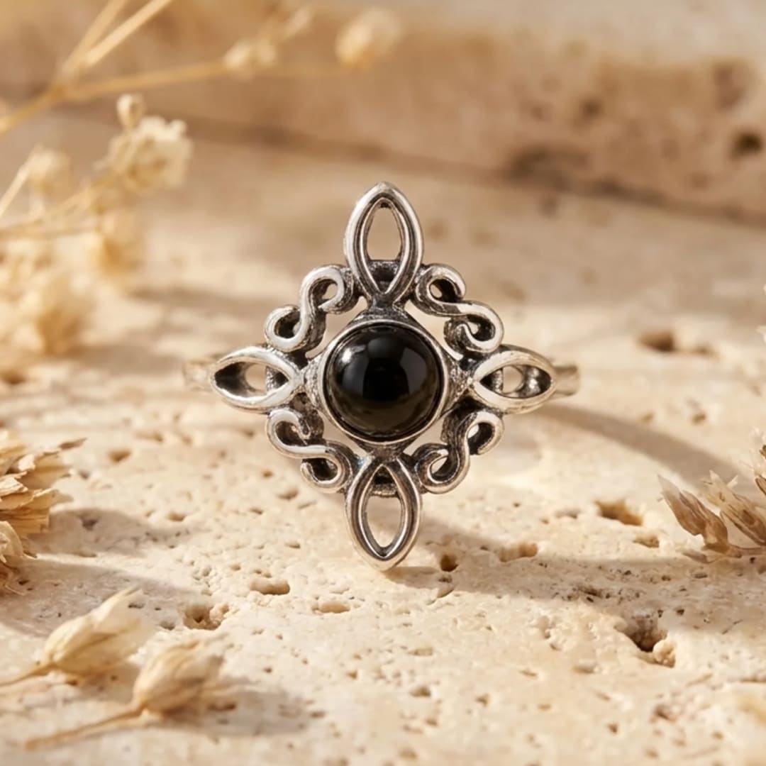 Bague Ajustable "Énergie Mystique" - Noeud de Sorcière & Obsidienne