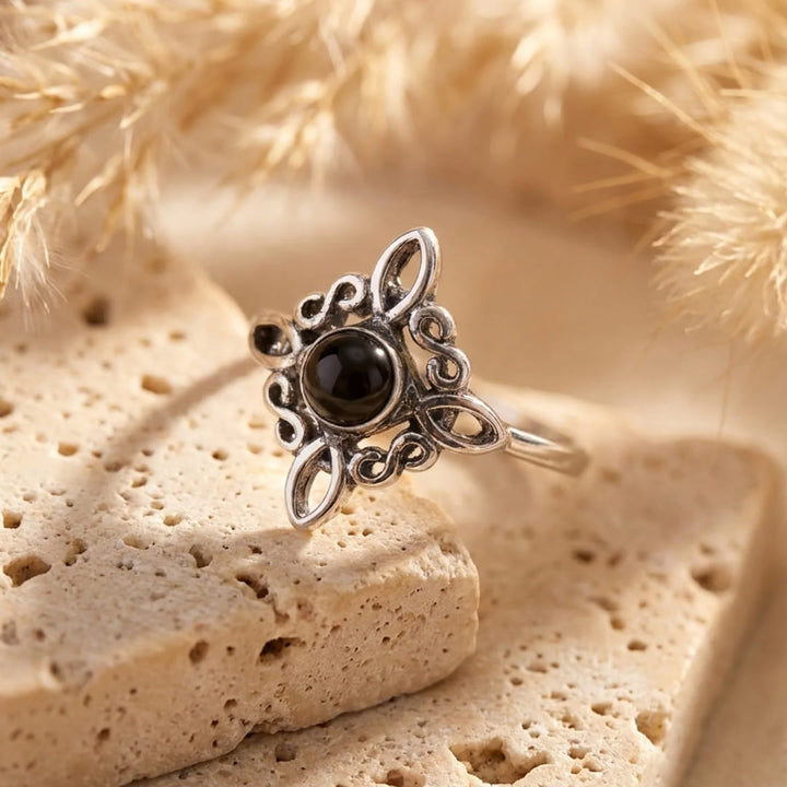 Bague Ajustable "Énergie Mystique" - Noeud de Sorcière & Obsidienne