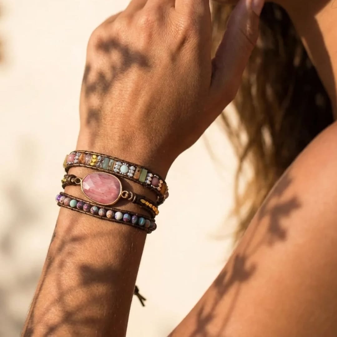 Bracelet Wrap "Douceur du Coeur" en Rhodochrosite