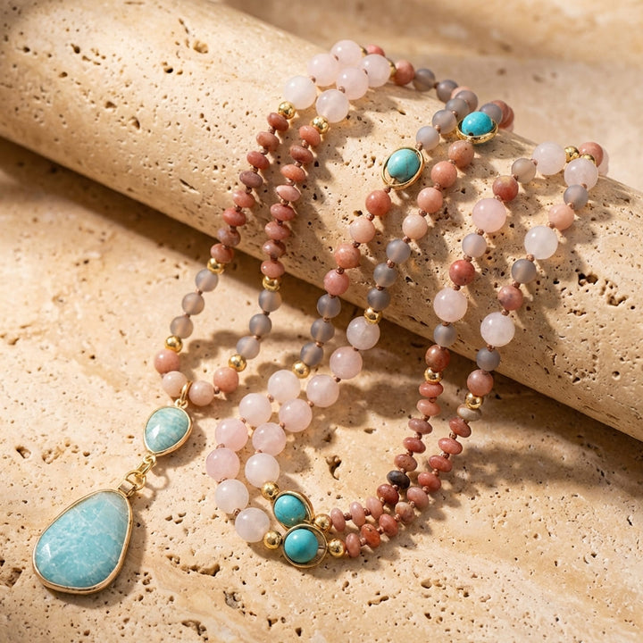 Collier Mala Ethnique en Turquoise, Amazonite, Quartz Rose & Rhodonite