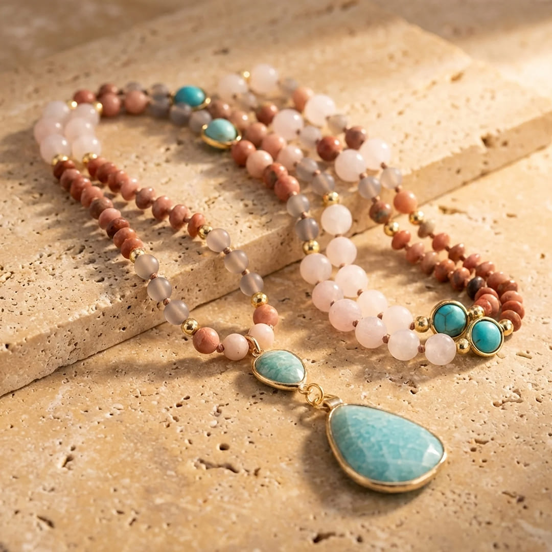 Collier Mala Ethnique en Turquoise, Amazonite, Quartz Rose & Rhodonite