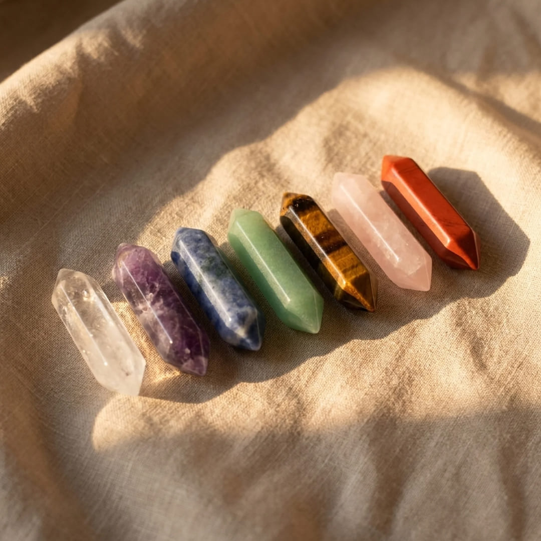 Coffret Reiki - Lot de 7 Pierres Naturelles & 7 Doubles Pointes