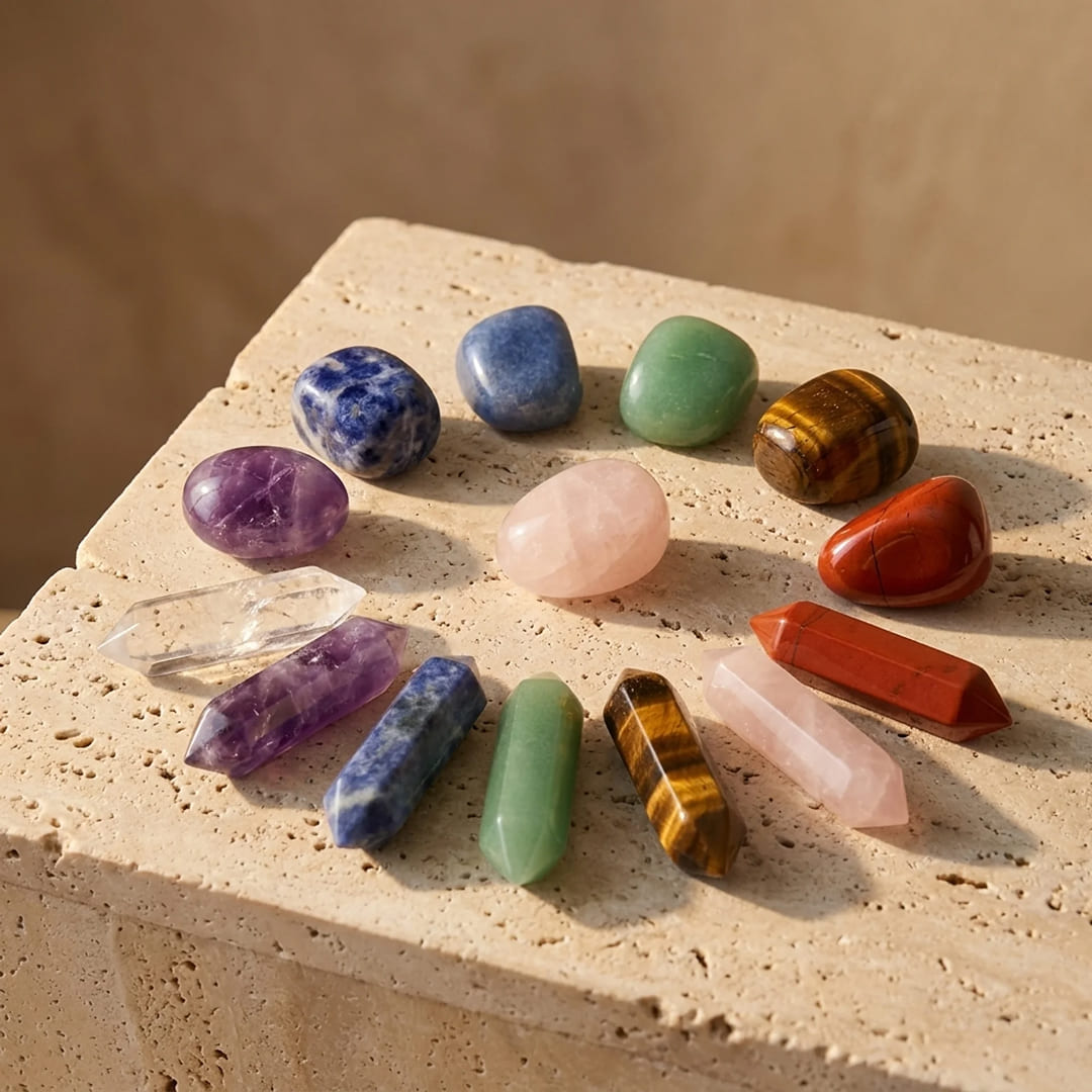 Coffret Reiki - Lot de 7 Pierres Naturelles & 7 Doubles Pointes