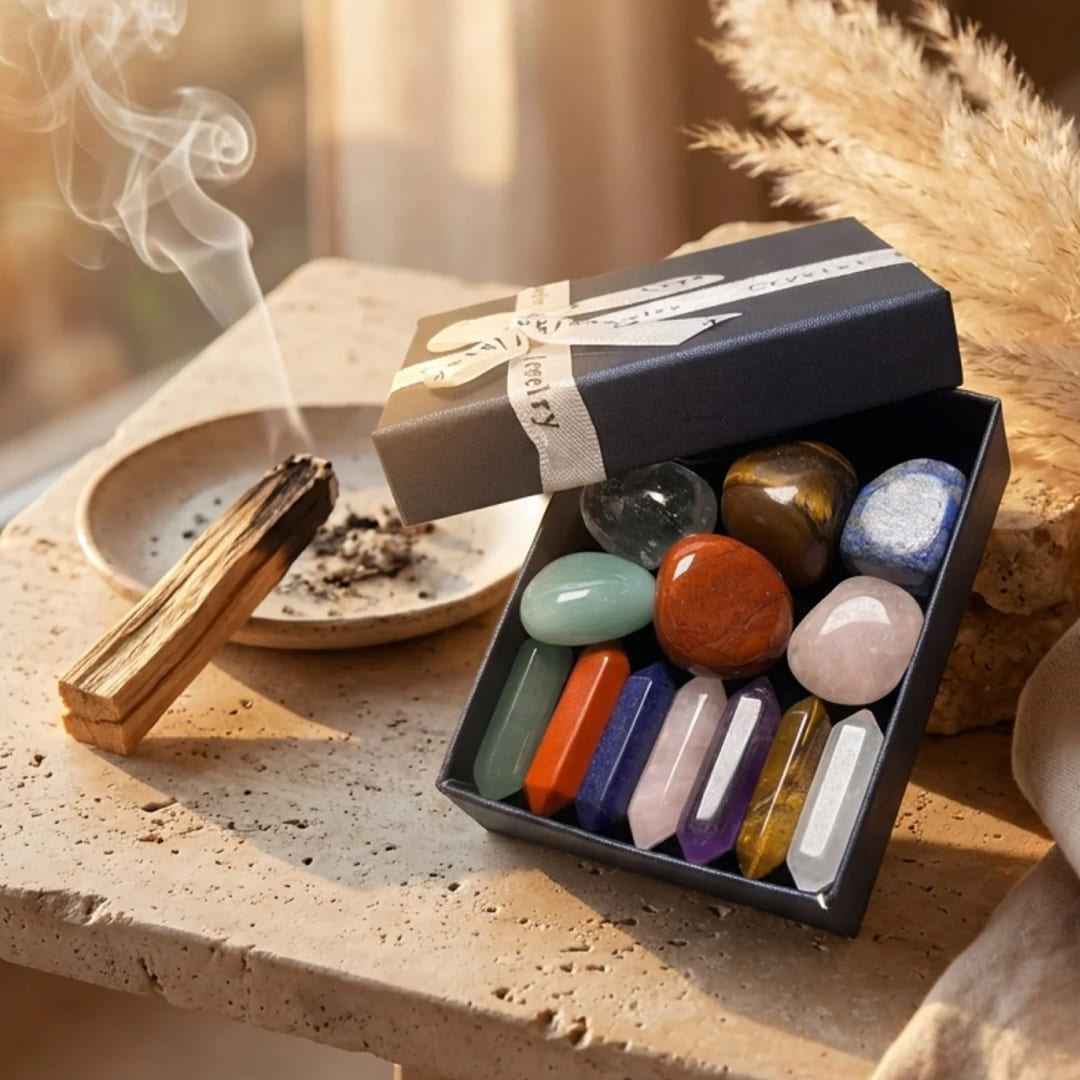Coffret Reiki - Lot de 7 Pierres Naturelles & 7 Doubles Pointes