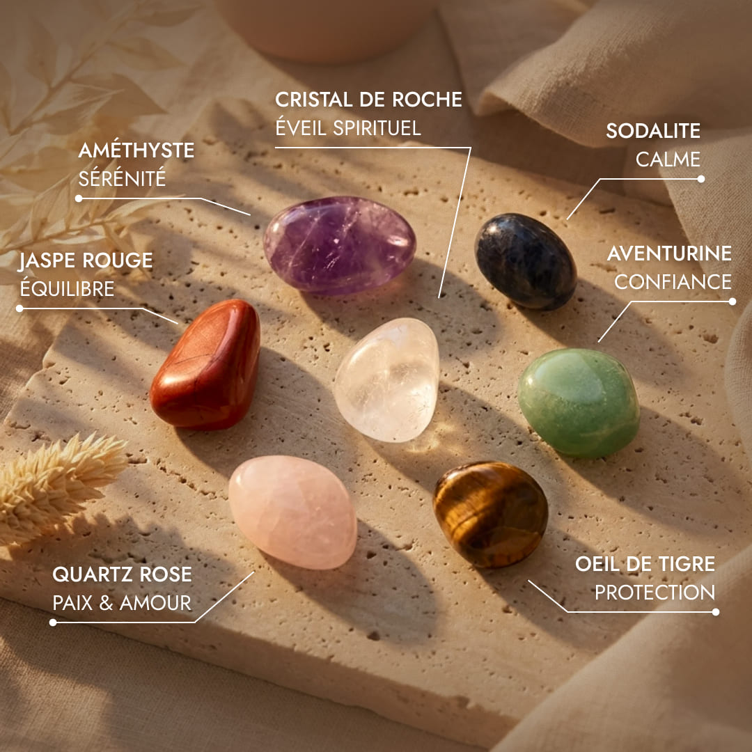 Coffret Reiki - Lot de 7 Pierres Naturelles & 7 Doubles Pointes